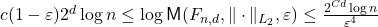 c(1-\varepsilon)2^d\log n \leq \log \mathsf{M}(\mathscr{F}_{n,d},\|\cdot\|_{L_2},\varepsilon) \leq \frac{2^{Cd}\log n}{\varepsilon^4}